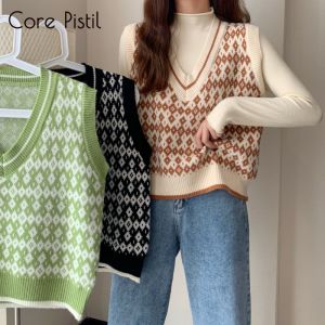CORE Korean Style Plaid V-neck Knitted Sweater Vest Womens Spring And Summer Loose Rhombus Sweater