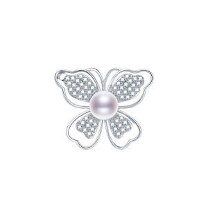 gN Pearl | Womens White Rounded Butterfly Design Freshwater Pearl Brooch 8-9mm