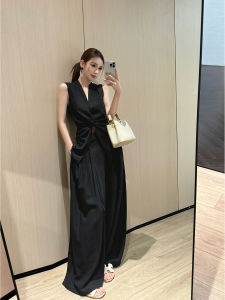 Black Linen French Style High Class Outfit Top Trousers Set