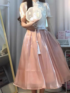 New Chinese Style Gentle Pink Button Short Shirt High Waist Half Body Long Skirt Two Piece Set Vintage Fashion Womens Outfit