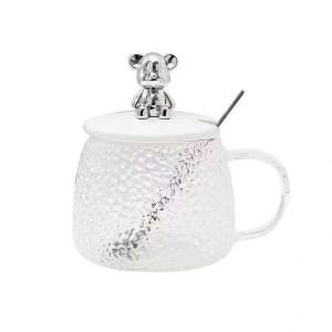 DS. แก้วฝาหมีชงกาแฟ 400ML รูปหมี พร้อมฝาปิด+ช้อน ถ้วยนม Bear glass
