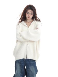White Double ซิป มีฮู้ด Mink Velvet เสื้อสเวตเตอร์ เสื้อโค้ทเปิด คาร์ดิเกน ผู้หญิง ฤดูใบไม้ร่วง ฤดูหนาว ฤดูใบไม้ผลิ Camel Hair Top ลำลอง Commute Style Loose Fit