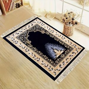 VIKAMA Luxury Black Gold Islamic Prayer Mat Soft Non-Slip Fringed Prayer Rug Hajj Umrah Ibadah Janamaz Eid Gift Home Decor