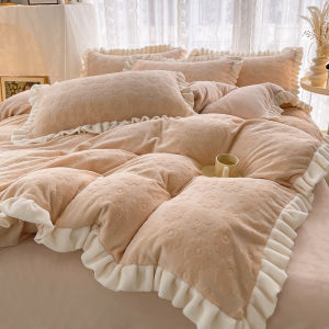 French Style Camellia Fancy Thickened Milk Fiber Four-Piece Coral Velvet Princess Style Flannel Double-Sided Velvet Fitted Sheet