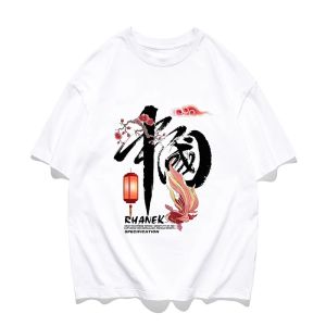 plus Size Mens T-Shirt Pure Cotton Short Sleeve Printed Half Sleeve Summer Versatile Loose Fit Chinese Culture Shoulder Pad