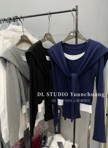 Fall 2024 New Arrival Korean Style Sense of Design Niche Style Fake Two-Piece Shawl Long Sleeves T-Shirt Womens Slim Fit Slimming Top Tide