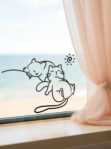 Modern Minimalist Cat Sunbathing Glass Sticker Waterproof Sunscreen Cartoon Pattern Pet Store Cat Cafe Window Decal Wall Mural