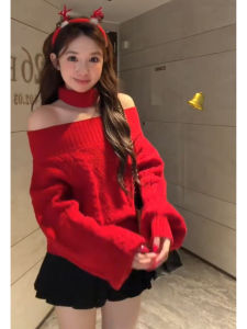 YUEZHONGWEI | Lucky Year Red One-Shoulder Cable Knit Sweater Womens Autumn Winter Loose