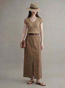 GULILI | Retro Money Style Brown Knitted Linen Dress Set For Summer