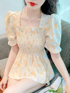 French Collar Chiffon Shirt Short Sleeve Pleated Waist Cinched Young Style plus Size Womens Top Summer Fashion Casual Wear