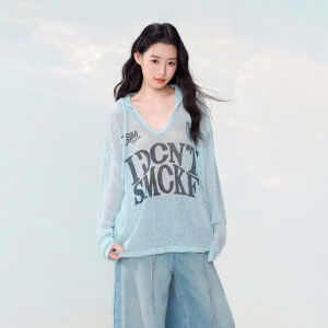 OGOKO | Hooded Blue Lace Knit Sunscreen Blouse