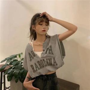 Ssee U Áo thun giả 2 chiếc áo thun mùa hè Áo thun thun ngắn tay giản dị áo thun cotton cho nữ