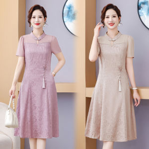 Váy Ngắn Tay Phong Cách Trung Hoa Mới Cho Phụ Nữ Trung Niên Và Cao Tuổi Mùa Hè Váy Mẹ Dáng Ôm Vừa Vặn Thanh Lịch Váy Dự Tiệc