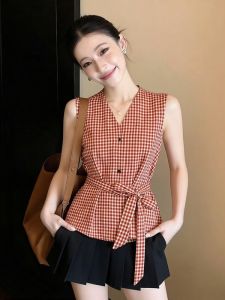 AIYITI | Red Check Sleeveless Summer Blouse Waist-tied