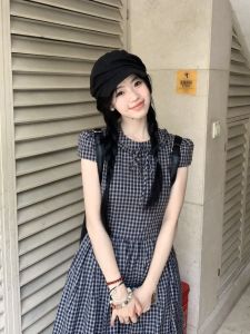 VKSOD | Váy chữ A cổ điển kẻ caro tay bồng ren gỗ thắt eo mùa hè thiết kế A-line váy dài cho nữ