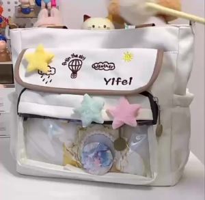 Cute Canvas Itabag Tote Bag for Student Large Capacity Transparent Window Shoulder Crossbody Bag Casual Tuition Book Bag Embroidery Star Design Lightweight Zipper Ladies