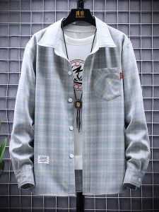 ROMON | Romon Mens Long Sleeve Shirt Spring Summer New Fashion Casual Loose Workwear Handsome Plaid Shirt Jacket Standard Fit Washed