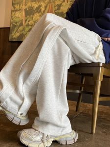 Autumn Winter Grey Hooded Pants Womens New 2025 Fleece Lined Thick Loose Straight Leg Casual Wide Leg Sports Trousers