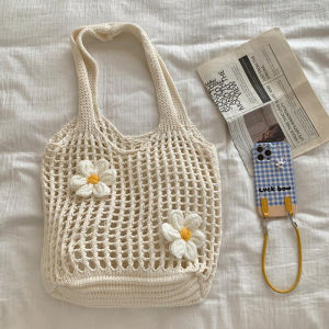 Womens Large Capacity Solid Color Crochet Tote Bag Knitted Hollow Design Fashionable Beach Shopping Bag for Travel And Vacation