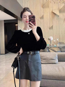 เสื้อเชิ้ตแขนยาวผ้ากำมะหยี่สีดำหรูหราสำหรับผู้หญิง ดีไซน์ใหม่ฤดูใบไม้ร่วง 2025 เสื้อเชิ้ตคอตั้งสุดหรูสำหรับใส่ทำงาน