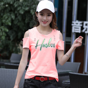 Womens Short Sleeve T-Shirt Pure Cotton round Neck Letter Print Hollow out Shoulder Rhinestone Embellished Hole Punch Base Shirt