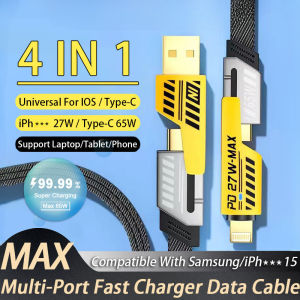 สายชาร์จมัลติฟังก์ชั่น4 IN 1ที่เข้ากันได้กับ USB 15 14 13 12 11ประเภท C PD สายชาร์จเร็ว65W สำหรับ Samsung สายข้อมูลแบบถักไนลอน Android