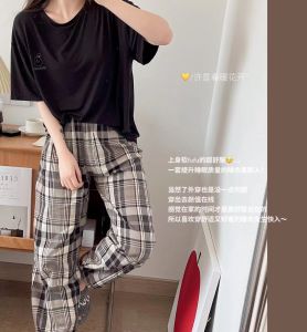 ลาย เซท ชุดนอน เสื้อยืดคอกลม กางเกงลายสก็อต ลาย น่ารักๆ เสื้อทรงโอเวอร์ไซส์ ผ้าคอตตอน เนื้อผ้านิ่ม ใส่สบายH—1