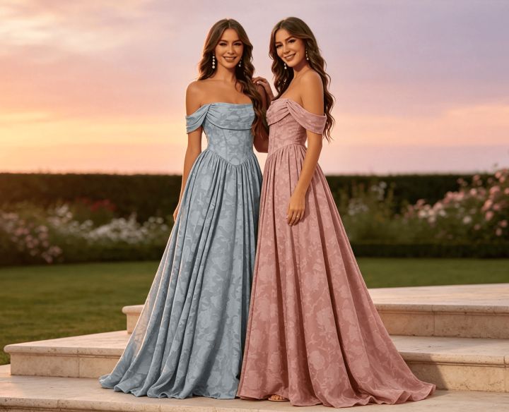 Women Off Shoulder Jacquard Chiffon Bridesmaid Dress Floral Textured Evening Wedding Guest Prom Dresses A Line Evening Gowns