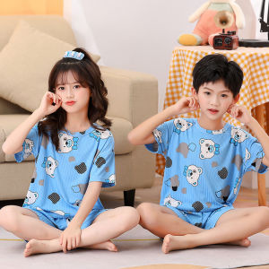 Kids Ice Silk Pajamas Suit Short Sleeve Shorts Air Conditioning Clothes Boy Little Child Youth Summer Thin Girl Pajamas