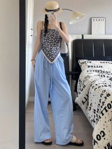 Retro Japanese Blue Streetwear Casual Pants Women Summer Thin Stripe Slimming Sporty Wide Leg Straight Loose Trousers Trendy