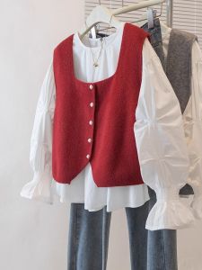 AIYITI | Fashionable Red Knitted Vest Top Long Sleeve Womens Plus Size Korean Style Autumn New Arrival Shirt Set For Young Women