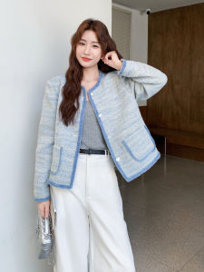 Blue Sweet Lady Short Casual Jacket Womens 2025 Autumn New Small Size Patchwork Coat with Fringe New Style Small Lady Coat