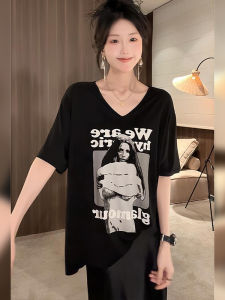 BINKAFENNY | Extra Large Loose V-Neck Short Sleeve T-Shirt Black Floral Print Slimming Summer Top Cover Belly Conceal Meat Shoulder Level