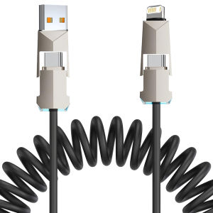USB Type C 240W Car 4 IN 1 Fast Charging Type C to Type C Spring Telescopic Cable For iPhone Samsung Huawei Xiaomi Redmi OnePlus