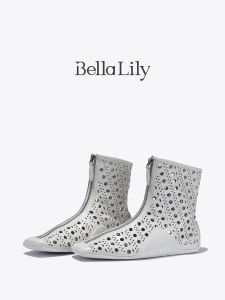 BellaLily2025 Summer New Hollow out Genuine Leather Mini Boots Unique Design Mid-Calf Womens Boots Fashionable Low Heel