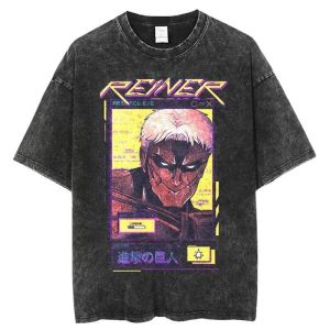 Bandai | Attack on Titan Reiner Braun Armored Titan Retro 80s Vaporwave Vintage Washed T-Shirt Anime Streetwear for Men Women Casual Tees