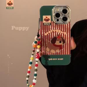 Christmas Plaid Sausage Dog Phone Case with Chain for Retro Cartoon Korean Style Lens Film Autumn Winter Cute Niche
