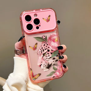 Luxury Pink Leopard Peony Flower Phone Case With Flip Mirror For IPhone17 16 15 14 13 12 11ProMax