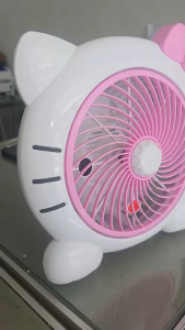 พัดลมในภาพที่คุณแนบมาเป็น พัดลมตั้งโต๊ะดีไซน์น่ารัก ลักษณะคล้ายตัวการ์ตูน "Hello Kitty"