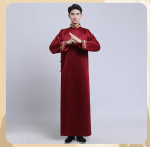 Embroidered Long Shirt Comedy Costume Chinese Style Mens Cheongsam Gown Stage Performance Suit Fathers Cheongsam Wedding Attire