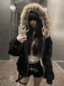 Street Style Short Parka Coat Womens Winter New Fashion Detachable Fur Collar Cleanfit Cotton Jacket Loose Fit Thickened Long Sleeve Zipper Closure