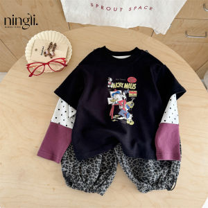 ชุดเด็กผู้หญิงลายเสือดาวลายการ์ตูนฤดูใบไม้ร่วงใหม่ เสื้อเชิ้ตสองชิ้นพร้อมกางเกงขายาวลายเสือดาวสำหรับเด็กผู้หญิง ชุดเด็กผู้หญิง