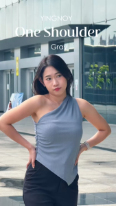 One Shoulder | เสื้อปาดไหล่แฟชั่นผู้หญิง ผ้าร่อง 2x1 ทรงเข้ารูป ปลายเอียง ดีไซน์มินิมอล สี Grey