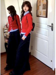 High Waist Wide Leg Blue Jeans Womens Loose Fit Long American Style Spicy Girl Vintage Denim Pants High Waist Draping Floor-Length