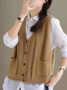 Pure ผ้าฝ้าย เสื้อกั๊กถัก ผู้หญิง สั้น แขนกุด คอวี คาร์ดิเกน หลวม เสื้อแจ๊กเก็ตพอดี ฤดูใบไม้ร่วง ฤดูใบไม้ผลิ สีทึบ เสื้อผ้าถัก