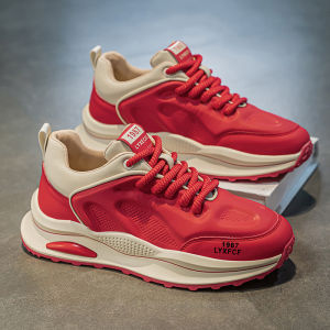 Red Running Shoes for Men Soft Bottom Sport Leather Face Dad Trendy Shoes Winter Seasonal Casual Shoes Fashionable Dad Sneakers
