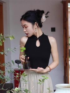 chaqi | Traditional Chinese-Style Button Lace Hollow Halter Sleeveless Knit Vest