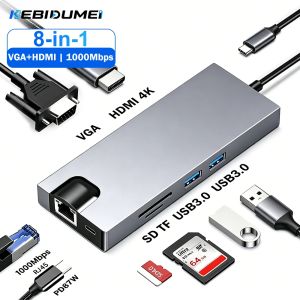 Kebidumei | KEBIDUMEI Gigabit Ethernet USB C HUB VGA HDMI Dual Video Docking Station Type C to HDMI PD100W SD TF Card Reader for PC MacBook