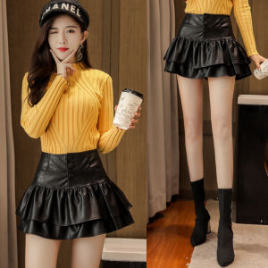 ผู้หญิง PU หนัง ครึ่ง กระโปรง ฤดูใบไม้ร่วง ฤดูหนาว สไตล์เค้ก พลีท ทรงเอ กางเกง ขาสั้นลูกไม้เอวสูง กระโปรง S ทันสมัย
