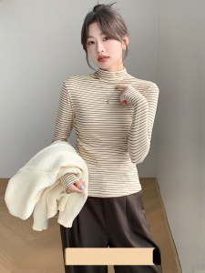 MiiOW | Áo thun dài tay kẻ sọc cổ cao thường ngày đi làm mùa thu áo sơ mi cơ bản bên trong áo khoác ngoài áo thun thoải mái mềm mại